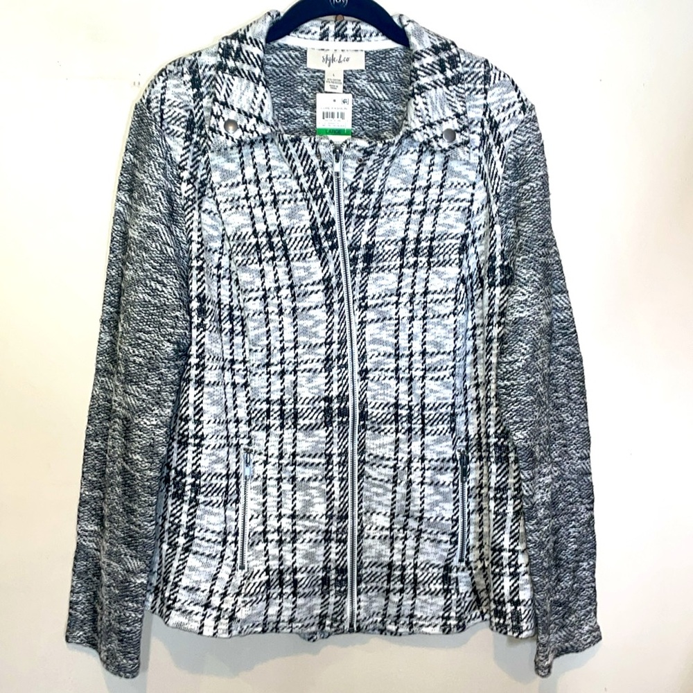 Style & Co Black White Jacquard Jacket L NWT – Textured Neutral Layer Classic